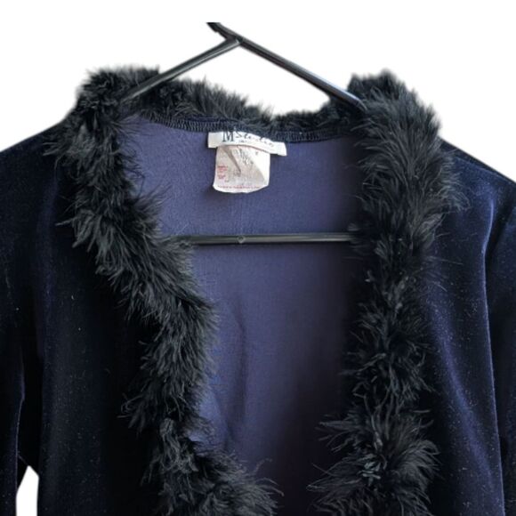 M Studio Midnight Blue Velvet Shrug Feather Trimmed Size s - Picture 3 of 9